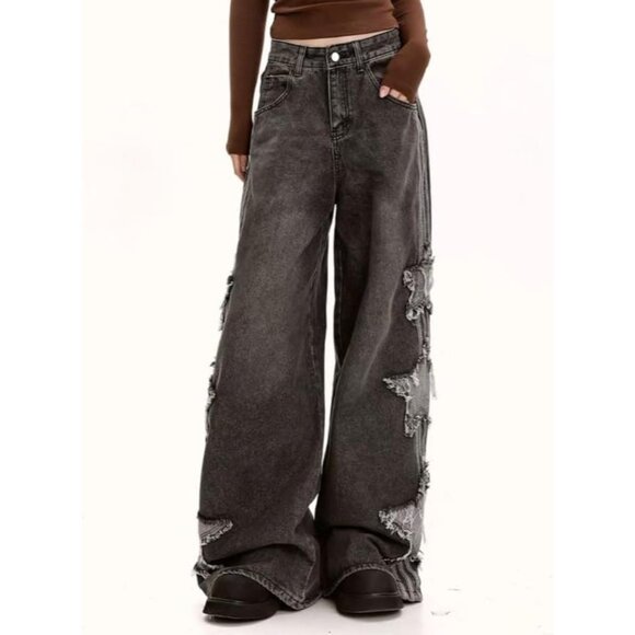 Stylish Y2K Patchwork Denim Pants for Women - Comfortable High-Waisted Baggy Fit - Picture 2 of 5